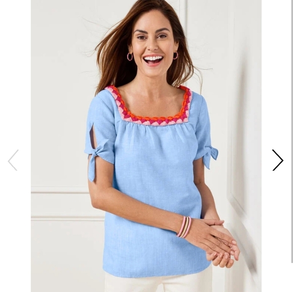 NWOT Talbots Linen Cotton Blend Crochet Trim Blue Chambray Like Size XLPetite - Picture 2 of 11